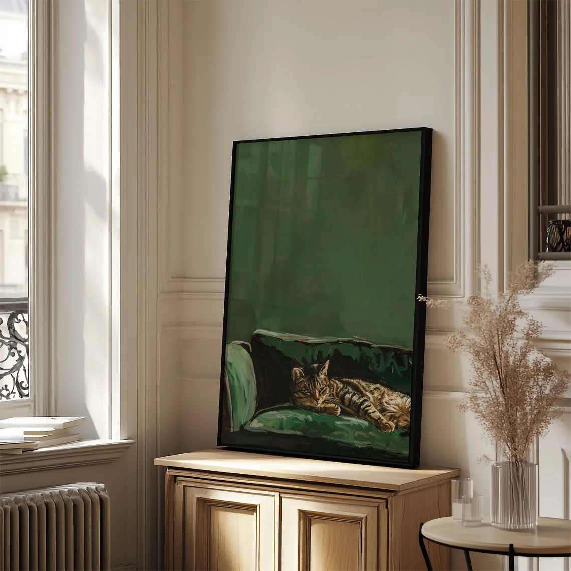 Home Decor Sofa - Sleepy Tabby Cat Art Print: Green