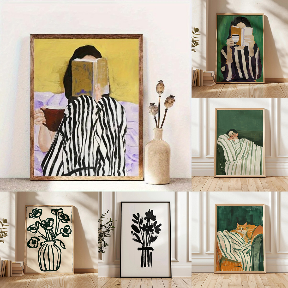 Home Decor Catalog - Abstract Woman Reads Book & Drinks